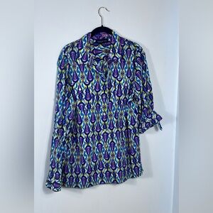 Jones New York Peacock Patterned With Yellow Button Down Shirt EXC